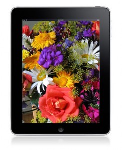 Flower screensaver on iPad being held up by Whale Kit adjustable iPad stand.