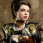 Woman dressed in steampunk garb; steampunk is the theme of this article by Octa, creator of TabletTail iPad stands.