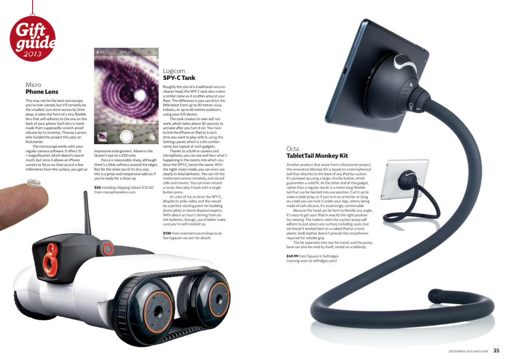 MacUser Magazine's 2013 Gift Guide including Octa's TabletTail:Monkey Kit iPad Stand.